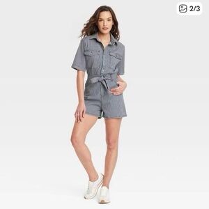Universal Thread Women's Short Sleeve Denim Jumpsuit blue and white striped